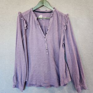 Pilcro Womens Ruffled Henley Top XL Purple‎ Lavender Long Sleeve Cotton Blend